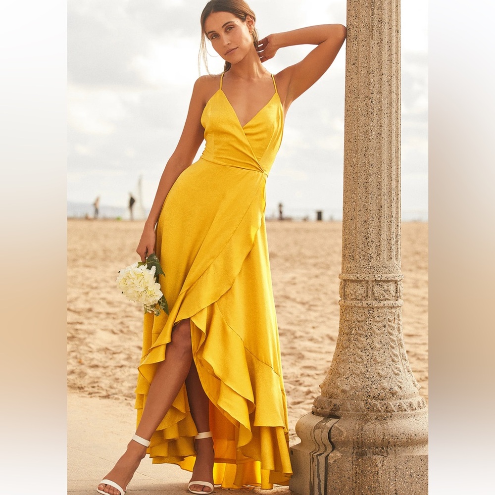 Lulu’s In Love Forever Mustard Yellow Satin Lace-Up High-Low Maxi Dress
